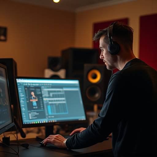 Bilde av en produsent som jobber ved en datamaskin med musikkproduksjonsprogramvare i Lydkunst Studio